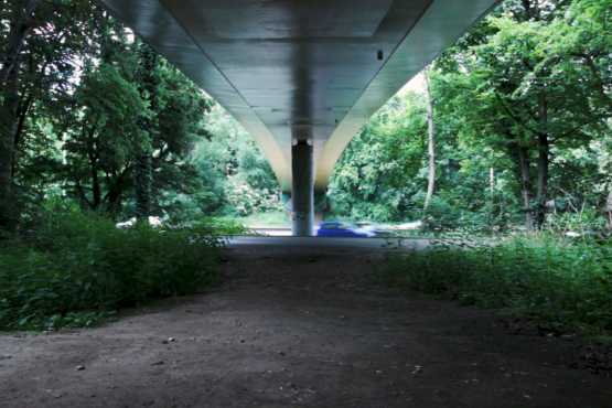 Screenshot des Videos "Hors Champ". Verwilderter Ort mit Gestrüpp und Bäumen unter einer Brücke, von dem man auf eine Schnellstraße mit vorbeifahrenden Autos blickt.