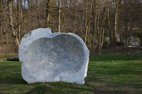 Ein großer gräulicher Stein mit konkaver Mulde steht auf Grasfläche, im Hintergrund viele Bäume