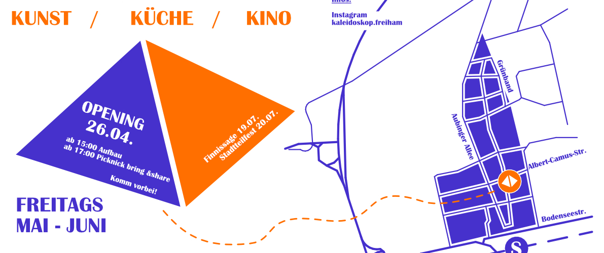 Flyer des Projekts mit dem Titel und Infos zu den Terminen und ein kleiner Lageplan. Auf weißem Grund in dunkelblau und orange