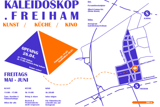 Flyer des Projekts mit dem Titel und Infos zu den Terminen und ein kleiner Lageplan. Auf weißem Grund in dunkelblau und orange