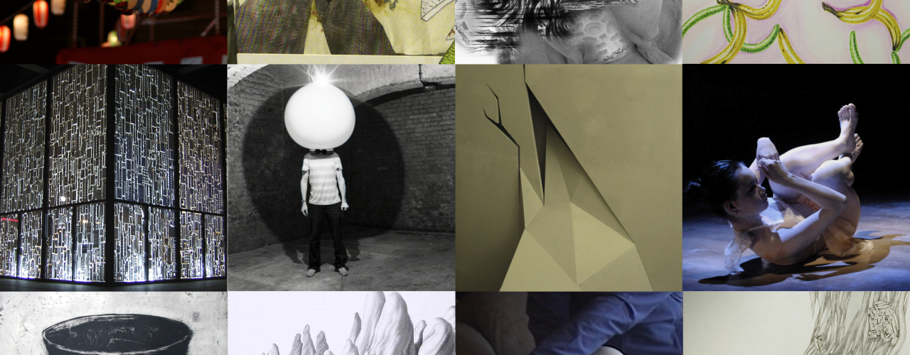 Collage aus verschiedenen Bildmotiven. Jeweils vier quadratische Bilder stehen in drei Reihen untereinander. Die Bilder zeigen Ausschnitte von Gemälden, Performances und Installationen unterschiedlicher Künstler*innen.
