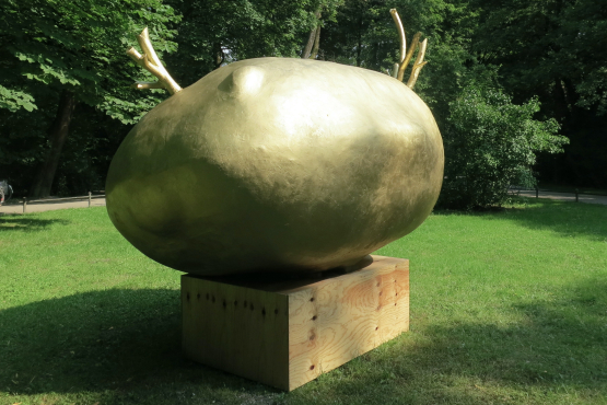 Fotografie von einer Grünfläche im Englischen Garten, auf der eine Installation der Künstlerin Alix Stadtbäumer steht. Die Installation besteht aus einem hölzernen Sockel, auf dem die goldfarbene Skulptur einer Kartoffel ruht, aus der goldene Triebe hervorsprießen.