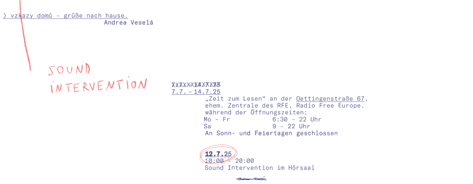 Invitation to an art event with text and handwritten elements. Mixture of typewritten and red handwritten text.