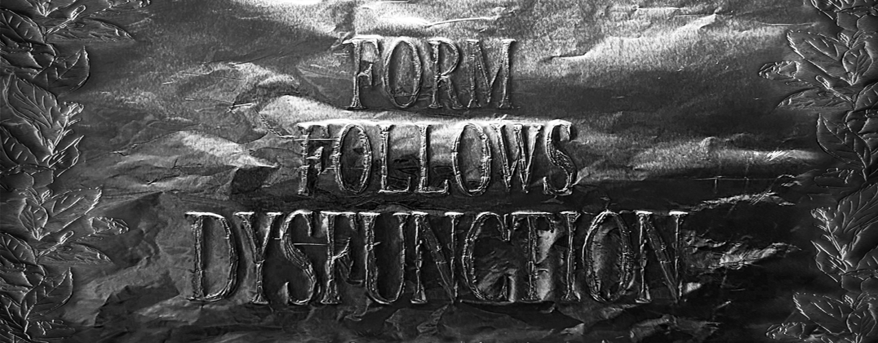 Silver, crumpled surface with embossed lettering: 'Form Follows Dysfunction'.
