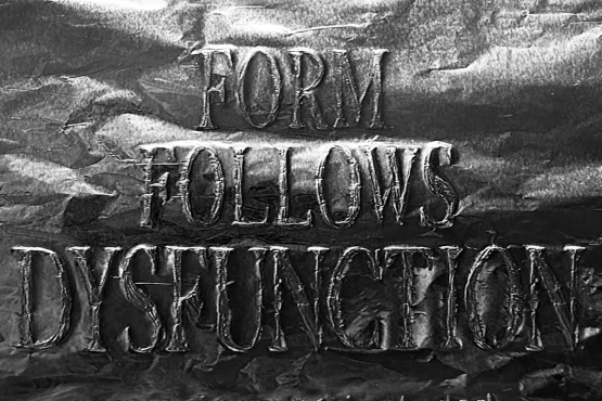 Silver, crumpled surface with embossed lettering: 'Form Follows Dysfunction'.