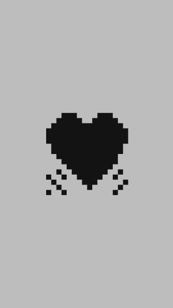 Black pixel heart in 8-bit style with floating particles on grey background.