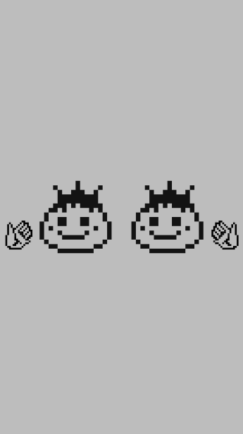 Zwei pixelige Charakterköpfe im 8-Bit-Stil mit Rauten-Symbolen, schwarz-weiß auf grauem Grund.