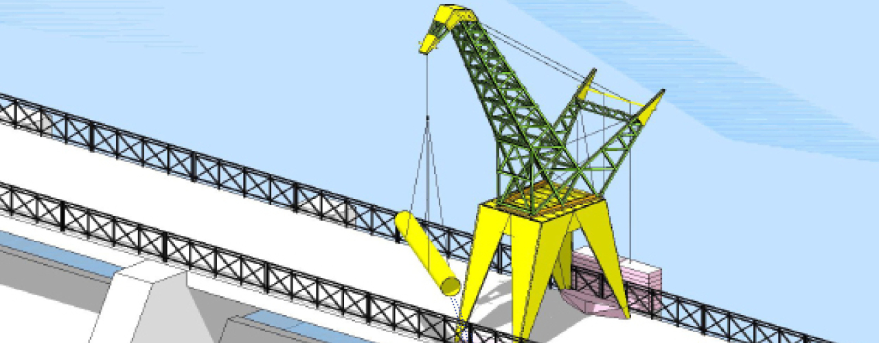 Eine Zeichnung zeigt eine Brücke über einen Fluss. Auf der Brücke steht ein großer Kran. Der Kran lässt ein Rohr ins Wasser hinunter. Eine Person steht auf der Brücke.