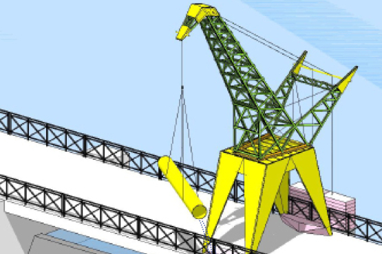 Eine Zeichnung zeigt eine Brücke über einen Fluss. Auf der Brücke steht ein großer Kran. Der Kran lässt ein Rohr ins Wasser hinunter. Eine Person steht auf der Brücke.